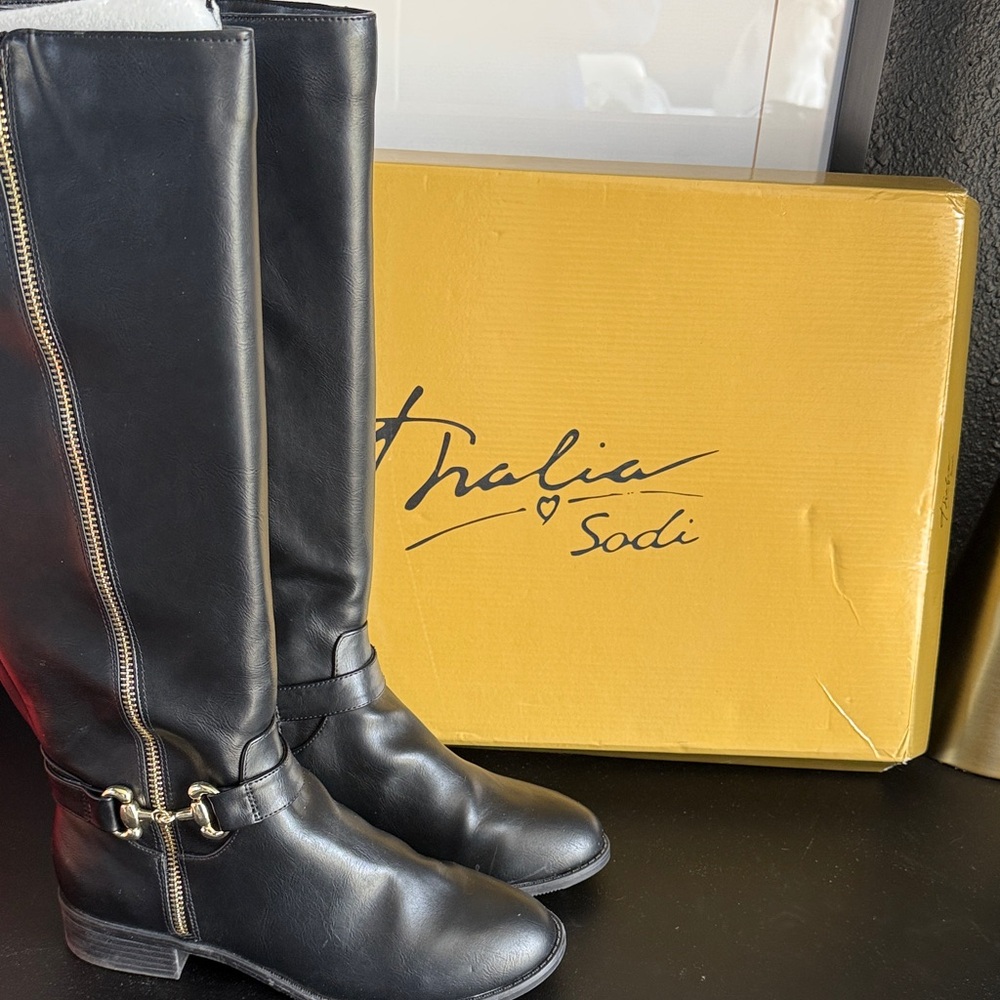 Thalia Sodi Black Leather Knee-High Riding Boots with Gold Bit